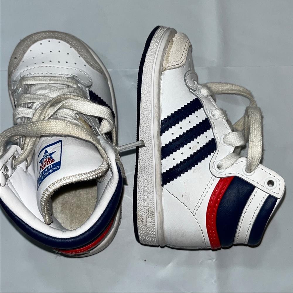 Adidas Toddler High Tops White Blue Striped Red Sneakers 6K Baby Shoes Leather 6 - Picture 5 of 16